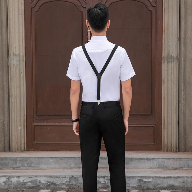 2019 mới khâu trắng đen dây đeo áo sơ mi dài tay nam phiên bản Hàn