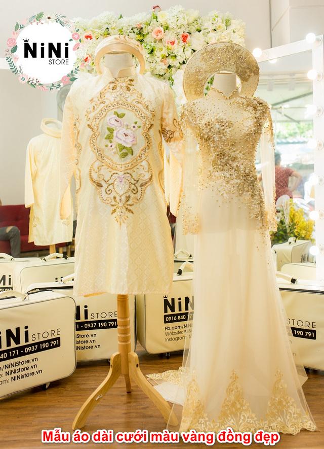 Áo dài cưới cô dâu màu vàng kết đá hoa 3D nổi có đuôiCD20  Ni Ni Store   Đám cưới váy áo phồng Phù dâu Váy dạ hội cổ điển