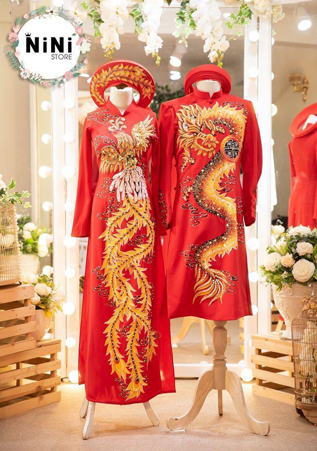 Áo dài cưới họa tiết rồng phượng màu đỏ