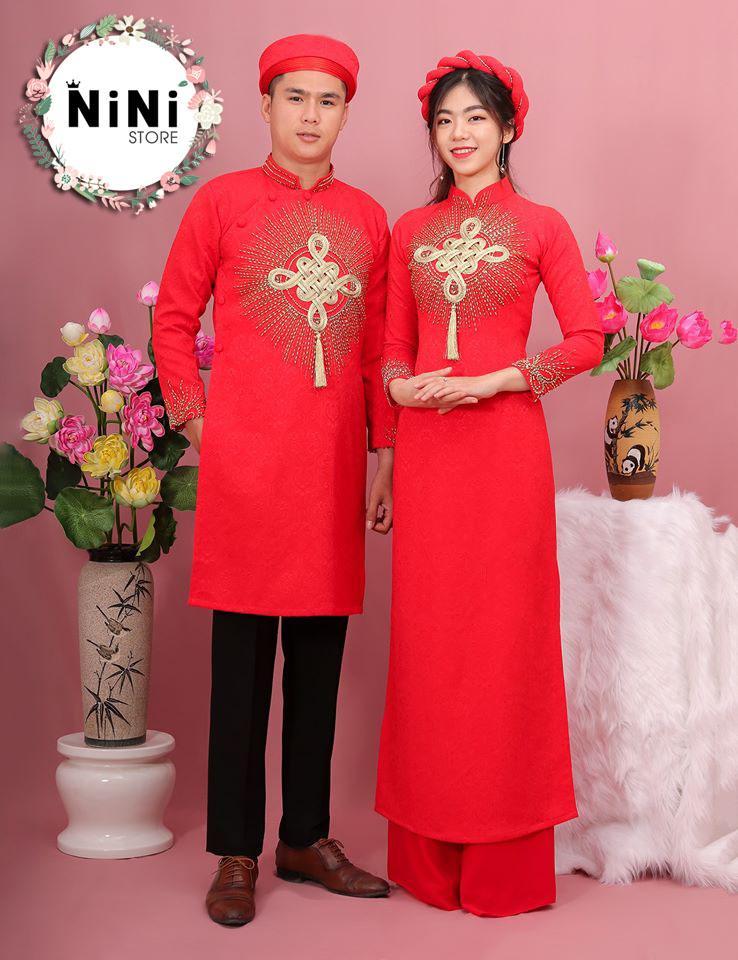 Cặp áo dài cưới màu đỏ kết đồng tâm - NiNiStore
